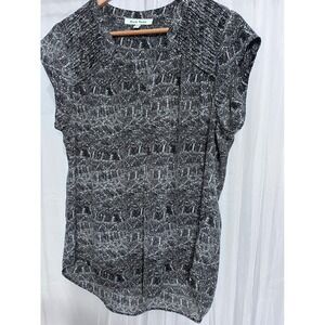 Black Rainn Womens Cap Sleeve Blouse Black White Abstract Geometric Dot Top L